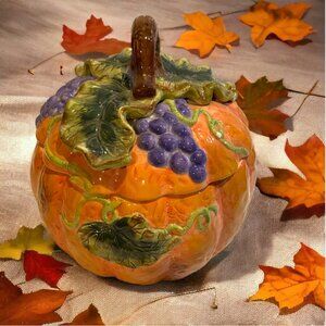 VINTAGE PUMPKIN SOUP TUREEN -- Fall Ceramic Server/Cookie Jar, Lid, No Ladle